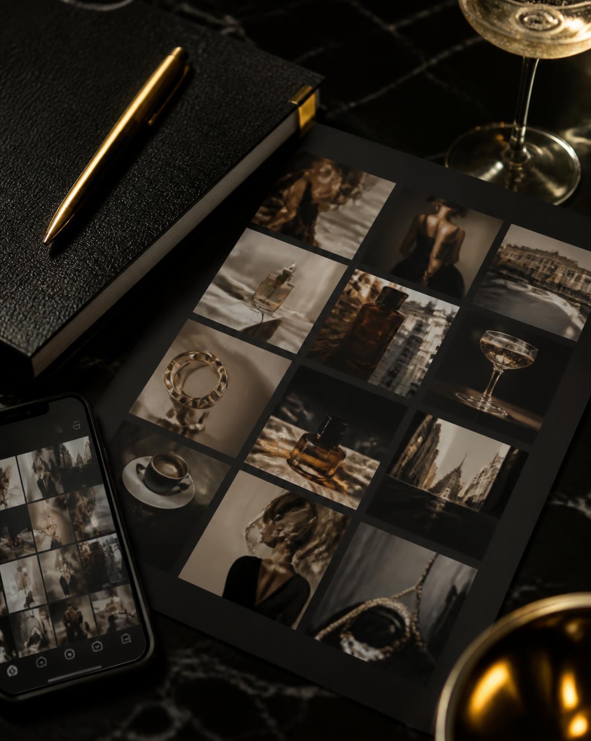 Content calendar flat lay with curated brand imagery