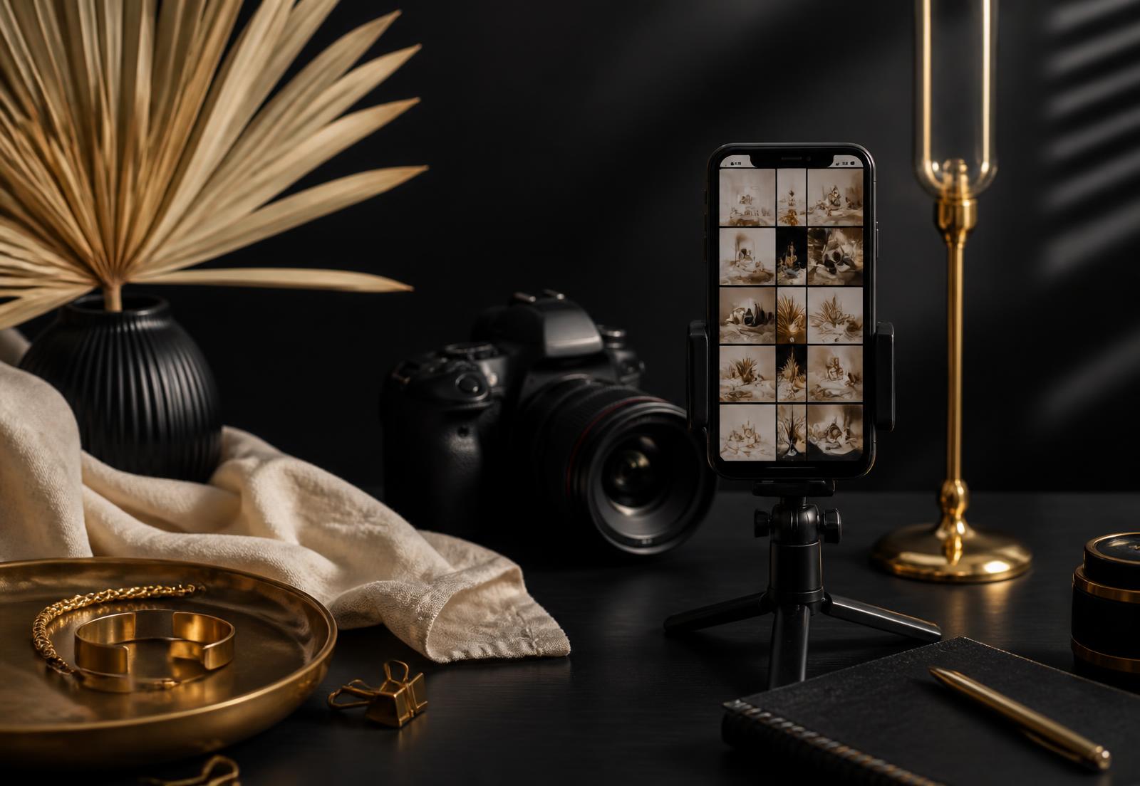 Luxury social media content studio setup — camera, phone on tripod and gold styling props